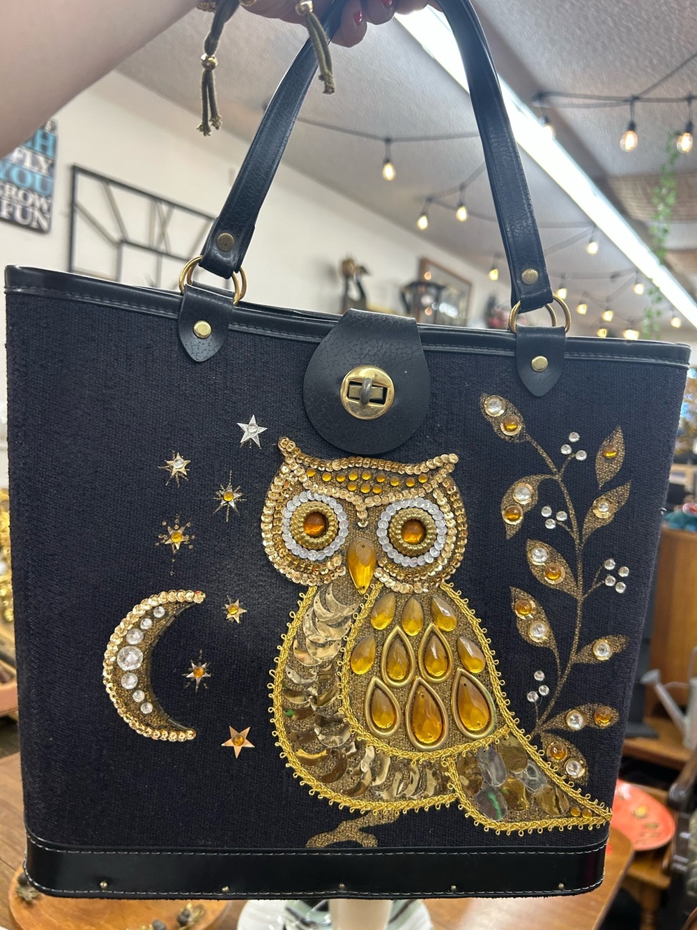 60s Vtg Black Owl Moon Textile Rhinestone embellished Enid Collins Style